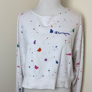 Champion White Cropped Sweatshirt with Multicolor Paint Splatters XS Vintage